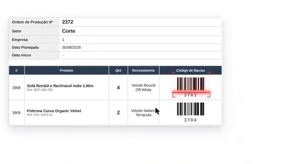 Ordem de produção com etiquetas de código de barras por item