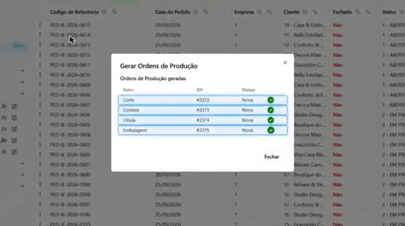 Tela do Méllea gerando ordens de produção por setor